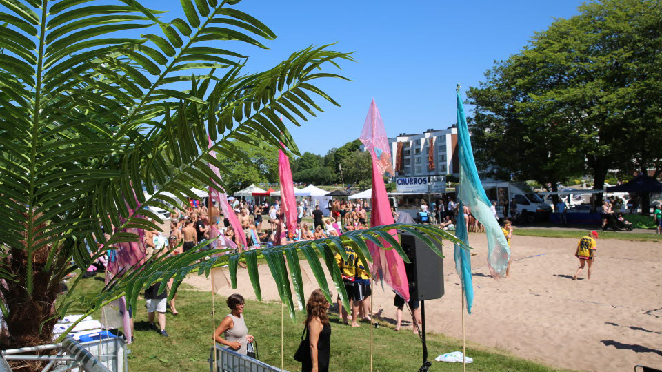 Vy över beachvollybollplanen på Sanden, med en palm i förgrunden.