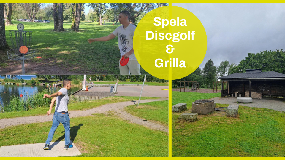 Grillplats och ungdomar som kastar discgolf