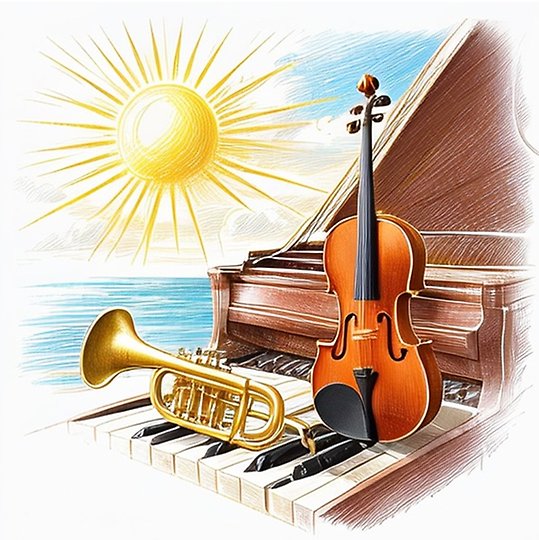 En tecknad bild av ett piano, en fiol och en trumpet i solljus